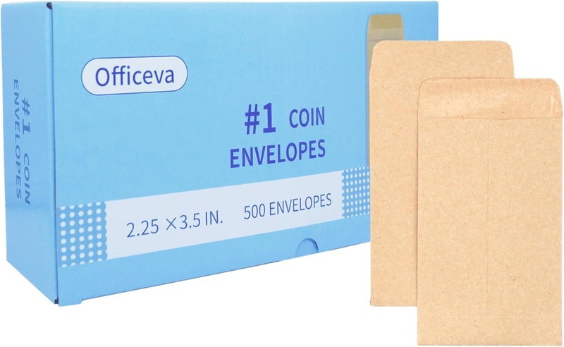 Officeva Budgenix #1 500 Pcs Small Coin Envelopes 2.25" x 3.5" with Gummed Flap, Brown Kraft Mini Envelopes for Storing Seeds, Keys, Stamps, Tips and Small Items - Image 1